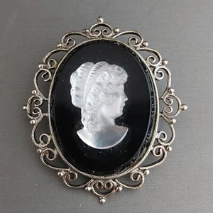 Vintage CAMEO Brooch Pin Silver Tone Black White Filigree Frame  1 7/8" - Picture 1 of 8