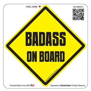BADASS ON BOARD (2-Pack, 4.5" color: Y/B)Full Color Printed Vinyl Window Sticker - Picture 1 of 2