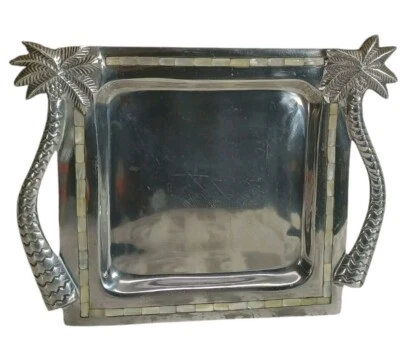 Toalla Plateros Bandeja Inoxidable Madreperla Incrustación con Asas de Palmera 12"  Foto 1 de 4