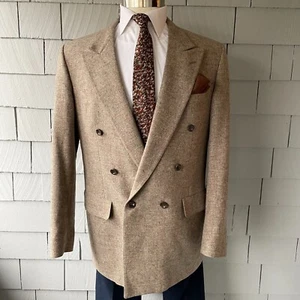 80s Vintage Bill Blass Beige Wool Tweed Double Breasted Mens Blazer Size 44 - Picture 1 of 9