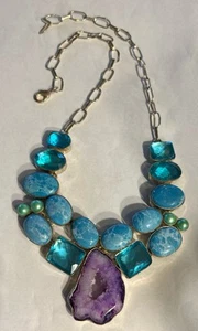 Larimar Blue Topaz & Purple Druzy Geode In Sterling Statement Necklace - Picture 1 of 6
