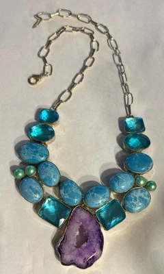 Collar Larimar Topacio Azul y Geoda Druzy Púrpura en Declaración Esterlina Foto 1 de 4