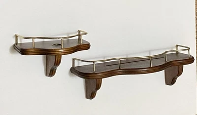 Home Interior Wooden Wall Shelves W/ Brass Railing Vintage Large & Small - Image 1 of 4