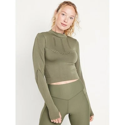 Top deportivo de manga larga recortado cuello falso sin costuras Go Dry azul marino antiguo para mujer M Foto 1 de 4