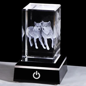 3D Crystal Wolf Figurines Gifts with Light Base Home Decor - Picture 1 of 8