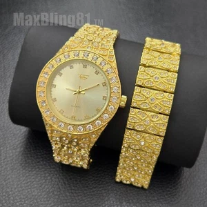 MEN'S ICED HIP HOP STYLE GOLDEN NUGGET CZ LUXURY BLING WATCH & BRACELET GIFT SET - Picture 1 of 22