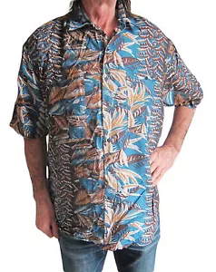 100% SILK dark BLUE/ BROWN Hawaiian shirt S, 48" short sleeve 2 pockets new - Picture 1 of 5