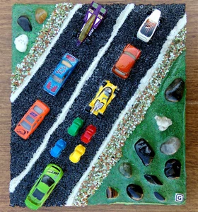 MATCHBOX HIGHWAY #2 Hot Wheels Toy Car Collage Art Odd 3-D Original 2023 Shiring - Picture 1 of 6