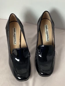 Karl Lagerfeld Paris Womens Loafer Block Heel Shiny Glossy Black Size 6M  - Picture 1 of 8