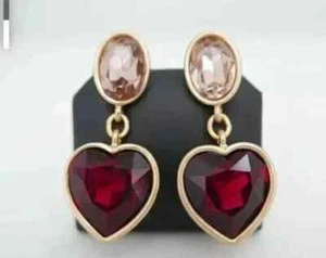 3Ct Heart Cut Lab Created Red Garnet Drop &Dangle Earring 14k Yellow Gold Plated - Picture 1 of 3