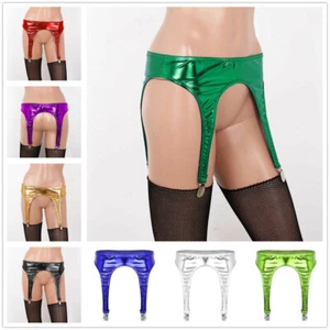 Women Wetlook Metallic Garter Belt Panties Thigh High Stockings Holder G-string - Picture 1 of 79