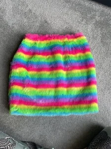 PLT Pretty Little Thing Neon Rainbow Multi Coloured High Waisted Faux Fur Skirt - Picture 1 of 8