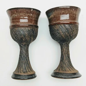 Pair of Stoneware Glazed Pottery Goblets Tall 5 1/2" Set of Two Boho Tableware - Picture 1 of 4