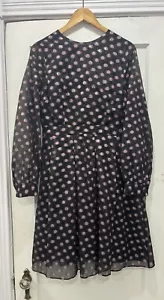 Cynthia Rowley Dress Womens Size 8 Black Pink Dot Sheer Long Sleeve A Line EUC - Picture 1 of 5
