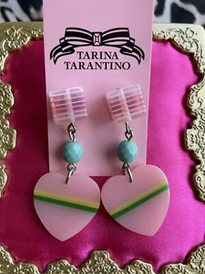 Tarina Tarantino 90's Pink Green Retro Lucite Stripes Striped Heart Earrings - Picture 1 of 2