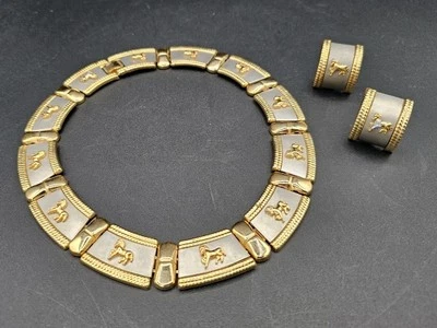 Greco Roman Revival Horse Necklace Two Tone Silver Gold Clip On Earrings READ - Image 1 of 4