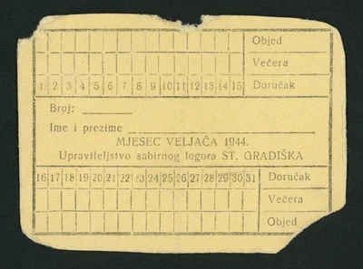 🔴CROATIA  Concentration Camp STARA GRADISKA 1944 MEAL CARD  WWII NDH USTASA🔴RR - Image 1 of 2