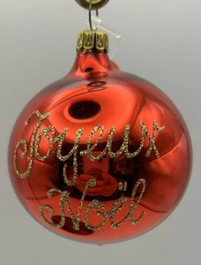 Joyeux Noel Gold Glitter Red Blown Glass Ornament Hausdorfer’s Germany 2.75”H - Picture 1 of 7