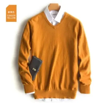 Suéter Pullover Clásico Cuello en V Hombres 2025 Invierno Cachemira Algodón Cálido Jerséis Foto 1 de 4