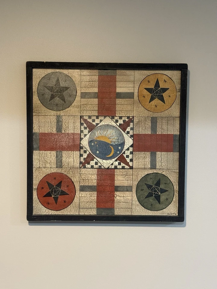 Ridge Hollow Folk Art Parcheesi Game Board Hand painted signed Barb Wagaman 1991 - Image 1 of 4