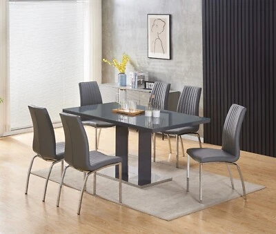 Dining Table Set Grey Glass and Grey High Gloss Rectangle 6 Faux Leather Chair - Image 1 of 4
