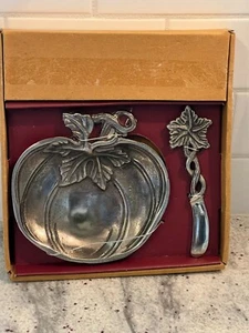 Pumpkin Nickel Plated Cast Aluminum Dip Dish and Spreader Set/2 NIB Made/India  - Picture 1 of 5