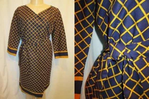 Vintage 60s Day Dress GIGETTE Wrap Around Cotton Gold Navy Stripe Plaid S M - Picture 1 of 12