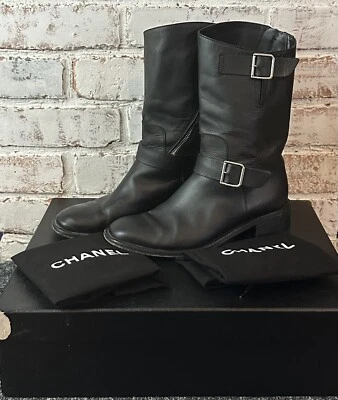 Chanel Black Leather Side Zip CC Logo Moto Boots Sz 39 US 9 100% Authentic - Image 1 of 4