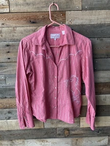 Vintage Western Embroidered Button Up Shirt Size Juniors Large Pink Glitter Pony - Picture 1 of 4