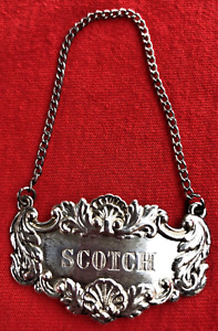 Étiquette bouteille décanteur de whisky vintage en argent sterling 925 « scotch »