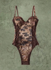 Fairycore Brown Butterfly Print Tie-Up Bodysuit Lingerie Teddy CUSTOM Sexy Rave - Picture 1 of 5