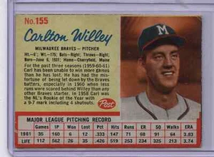 1962 Post #155 Carlton Willey Milwaukee Braves EX - Picture 1 of 2