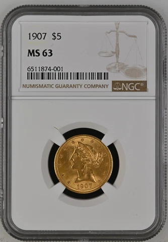 1907 $5 Liberty Head Gold Half Eagle - NGC MS63 Cover