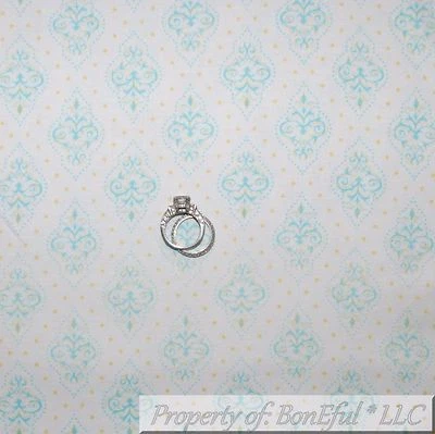 BonEful Fabric FQ Cotton Quilt White Aqua Blue Dot Small Flower Victorian Damask - Image 1 of 4