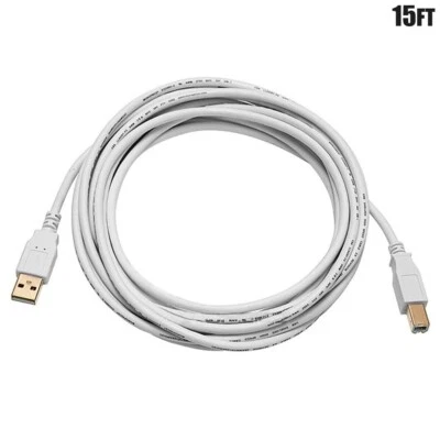 15FT USB Type A Male to B Male Printer Scanner Cable Cord Gold Plated White - Image 1 of 3