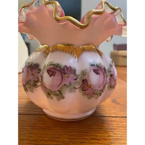 Fenton Melon Ball Charleston Pink Roses Vase Crimped Ruffle Edged Vintage - Picture 1 of 10