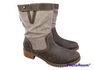 TIMBERLAND WOMEN BOOTS BROWN LEATHER GRAY CANVAS MOTORCYCLE COMBAT BOOTS SZ 7.5