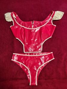 Latex Bikini Set | Latex BH +Latex Slip | Gr. 36/38 | rot-weiß umrandet, Bdsm