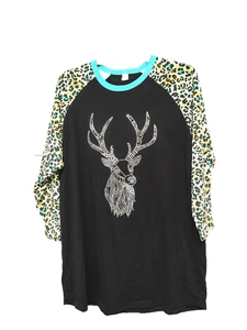 Luxus JLT Embellished Buck Langarm T-Shirt Damen XL Aqua Animal Print - Bild 1 von 8
