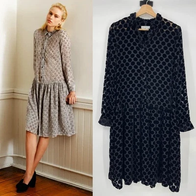 Creatures of Comfort | Black Flocked Velvet Polka Dot Drop Waist Shirt Dress M - Image 1 of 4