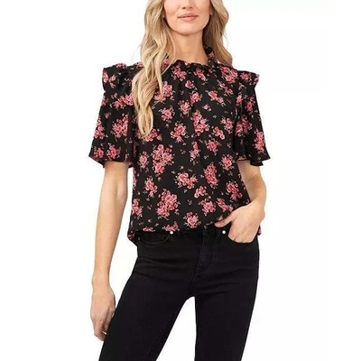 CeCe новый с Ярлыками женщин черный розовый цветочный оборки шеи короткий рукав блузка верхний XL - Изображение 1 из 4