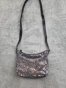 Kate Spade Medium Crossbody Purse Silver Sequins Zip Up Black Leather Strap - Picture 1 of 9
