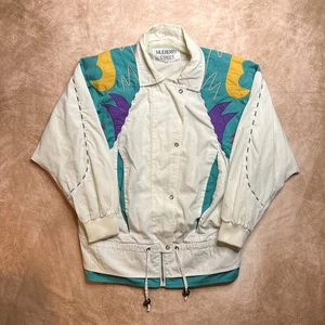 Vintage 90s Mulberry Street Patchwork Windbreaker Ski Jacket White Multicolor  - Picture 1 of 8
