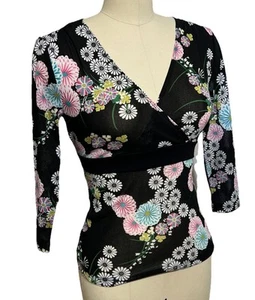 Vintage Y2K USA Micro Mesh Sheer Floral Printed Long Sleeve Top Babydoll - Picture 1 of 6