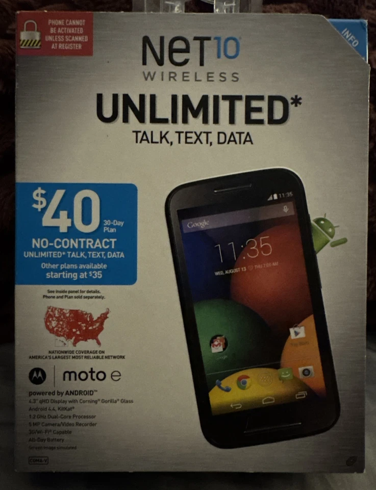 Net10 Wireless Unlimited Talk, Text, And Data Motorola moto-e Android Phone New. - Image 1 of 4