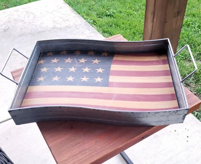 Serving Tray American Flag Wooden Rustic Metal Patriotic 18" - Image 1 of 4