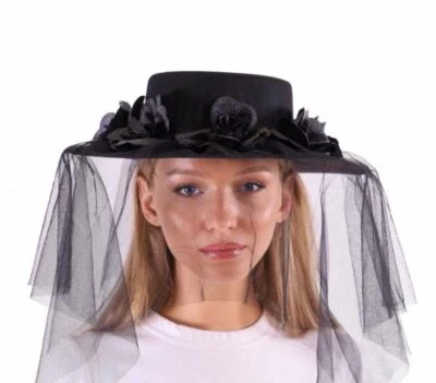 Steampunk Plague Doctor Flat Top Hat - Black Hat with Veil and Black Roses USA - Image 1 of 3