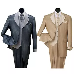 Traje de 4 botones con sensación de lana para hombre de tres piezas. Chaqueta cuello a juego chaleco a rayas 2911 - Imagen 1 de 9