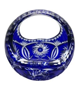 Vintage Bohemian Cobalt Blue Glass Cut To Clear Basket Heavy Lead Crystal - Picture 1 of 8
