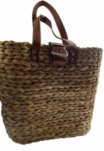 Rattan Wicker Straw Woven Brown Backpack Faux Leather Straps One Size 13Hx14Lx4w - Picture 1 of 14